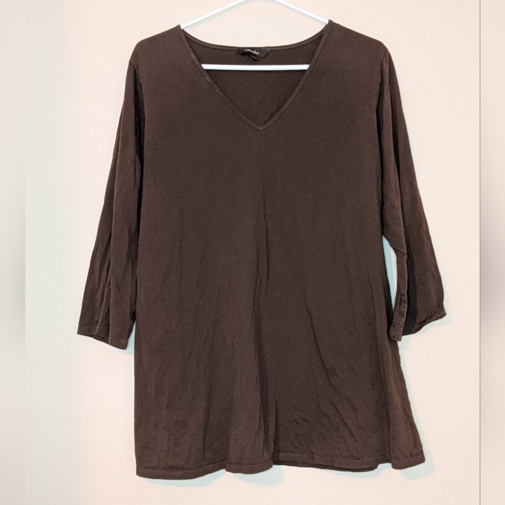 Cotton Ginny, V-Neck Long Sleeve Top in Brown, Size XL